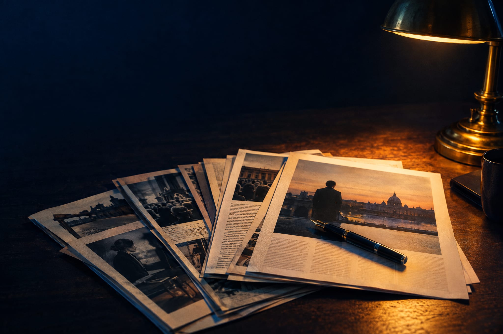 A stack of press clippings and editorial pages under a desk lamp at night