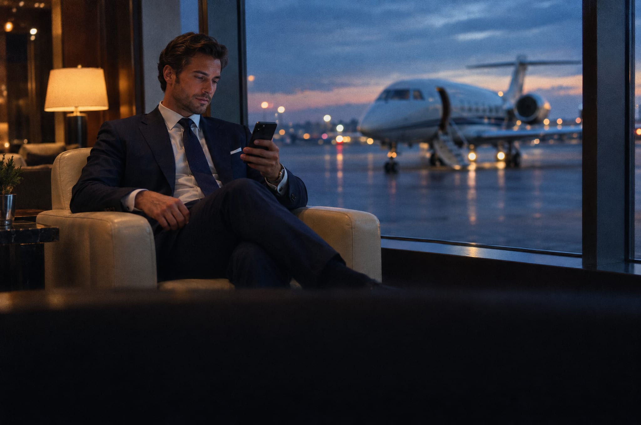 A well-dressed man checking his phone in a private aviation lounge at dusk